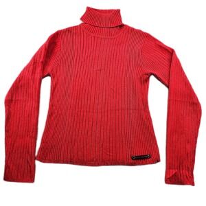 DKNY Sweater Womens Small Red Solid Ribbed‎ Knitted Slim Fit Turtleneck Pullover